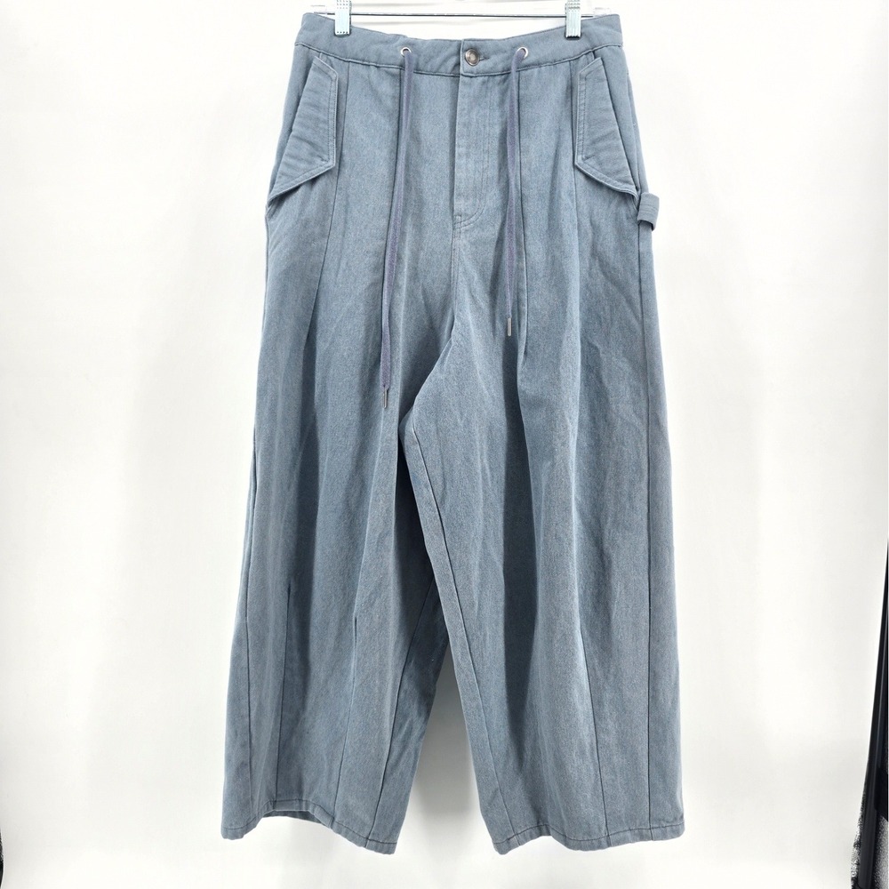 Mouggan Wide Leg Suspender Cropped Blue Denim No Size Tag Est M High Waist
